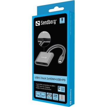 Концентратор Sandberg USB-C Dock с 2 портами HDMI + USB + PD — 136-44