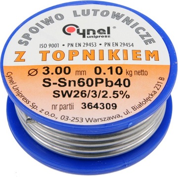 Cyna Cynel 3 mm 100 g SPOIWO LUTOWNICZE Sn60Pb40
