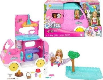 Barbie Chelsea Różowy kamper + laleczka Chelsea + 14 akcesoriów HNH90