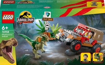LEGO Jurassic World блокирует засаду дилофозавра на динозавра + автомобиль