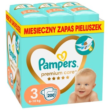 PIELUSZKI PAMPERS PREMIUM CARE ROZMIAR 3 200 SZTUKI DUŻY ZAPAS BOX