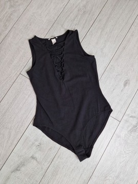 H&M czarne body ze sznurowanym dekoltem bawełniane S 36