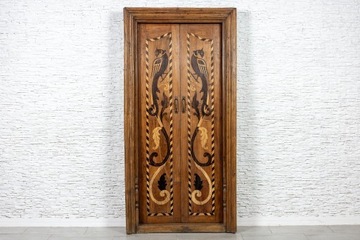 Stare drzwi drewno tekowe intarsja z pawiami