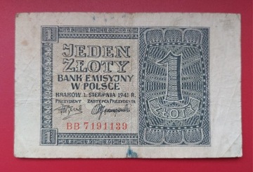 Banknot 1 zł 1941 r. Seria BB