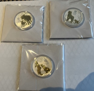 3 monet 1oz Lunar III - pozłacane + certyfikat