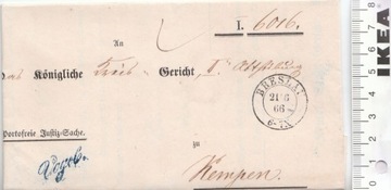 Niemcy Breslau Dokument Kempen list koperta unikat z 1866 roku