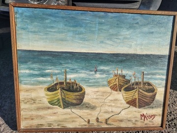 stary obraz olejny- morze łodzie 47 x 38 cm 1979 r