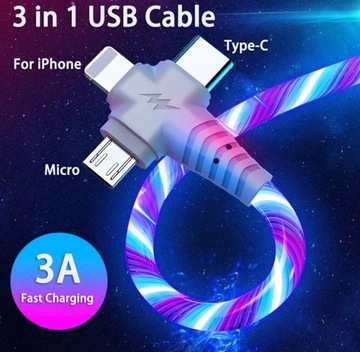 Kabel ładujący 3A 3w1 Micro USB C Lightning 1m LED