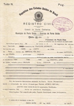 Porto Uniao / Brasil, 1935, certyfikat zgonu