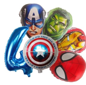 Balon AVENGERS 6 szt., Cyfra 4, SpiderMan, Hulk, Kapitan Ameryka 