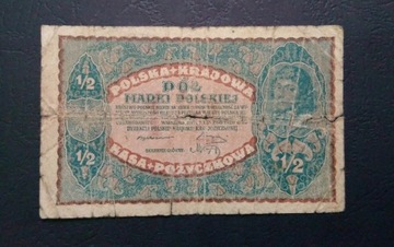 Stary banknot Polska 1/2 marki polskiej 1920 rok 