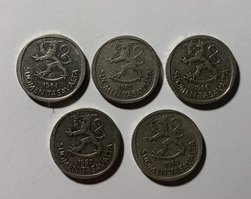 Finlandia 1 marka, 1964-1968 zestaw 5 sztuk srebro