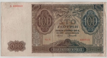 100 zł 1941 , seria A / ładny stan