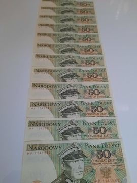 12 Banknotów 50 zł PRL  numery po sobie  HP 41 -52