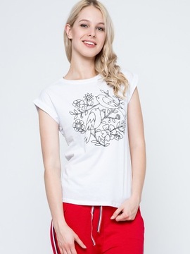 T-shirt zdobiony nadrukiem ptaków na gałęzi ROZM L