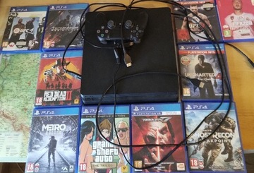 Play station 4 slim+ pad + okablowanie+ 10 gier 