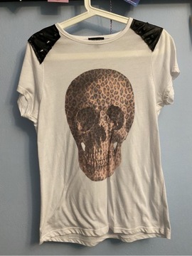 Biały t-shirt z ćwiekami i czaszką Topshop M
