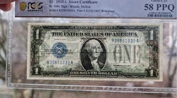 1 dolar USA 1928A Silver Certificate PCGS 58 PPQ!