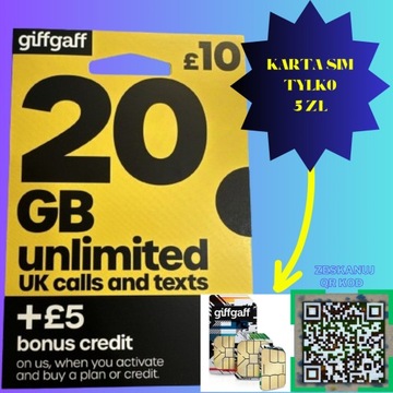 Pre-Paid Karta SIM, eSIM, GiffGaff 10 GBP, 20 GB Internetu plus 5 GBP Bonus