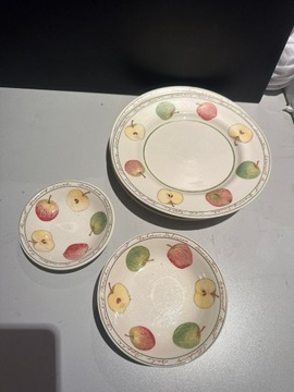 Zestaw naczyń talerze obiadowe miseczki jabłka