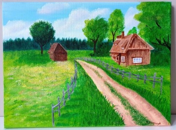 Obraz ręcznie malowany 30x40 salon sypialnia  wieś