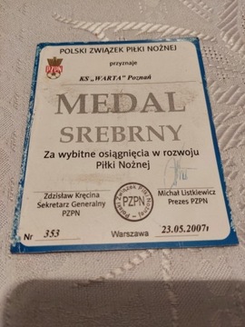 PZPN Srebrny MEDAL dla KS WARTA Poznań 2007r