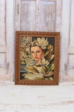 T. De. Łempicka - Portret Kobiety z Kwiatami - Stary Obraz Olejny z Francji