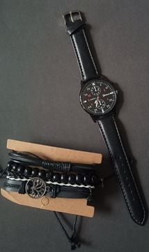 Zegarek oraz zestaw czarnych męskich bransoletek