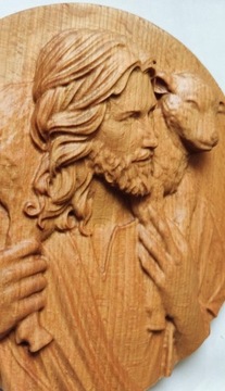 Jezus z barankiem , Płaskorzeźba, 3D, drewno 
