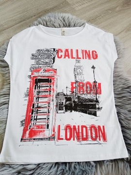 Biały bawełniay t-shirt damski z nadrukiem London 