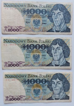 Zestaw 3 szt banknotów 1000zł Kopernik-używane