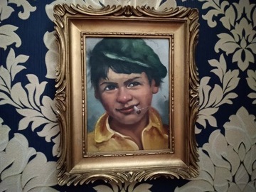 Portret chłopca w czapce z papierosem. Olej. 