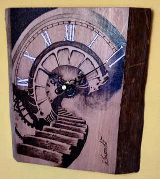Zegar ścienny "Schody" Pirografia, handmade