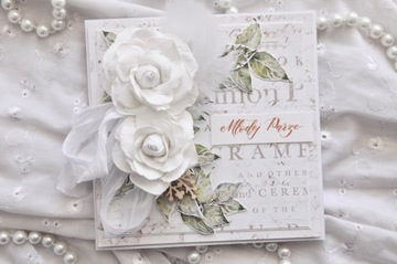 ręcznie robiona kartka ślubna białe róże liście