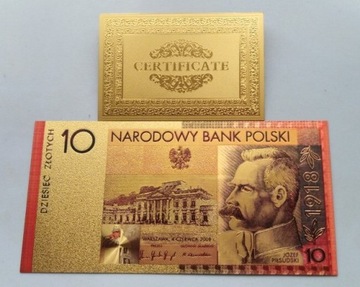 Banknot pozłacany 24k GOLD 10 zł. JÓZEF PIŁSUDSKI 