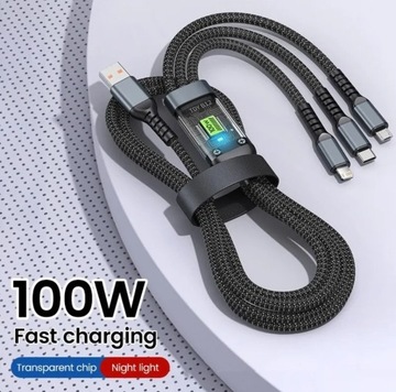 Kabel ładujący 100W 3w1 Micro USB C Lightning 1,2m