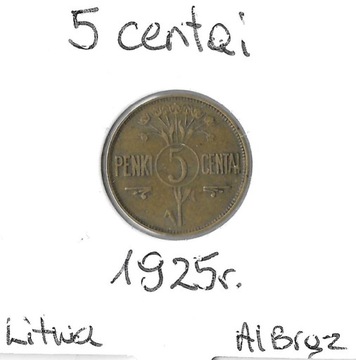LITWA, 5 centai (centów) 1925, I Republika, st. 3+