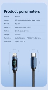 Toocki kabel USB-C do iPhone PD 36W transmisja dan