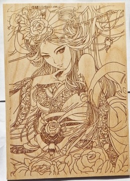 Drewniany obraz kobiety z kwiatem styl azjatycki