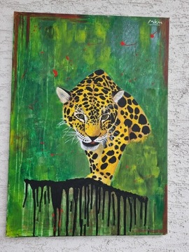 Ręcznie malowany obraz jaguar 50 x 70 cm akryl