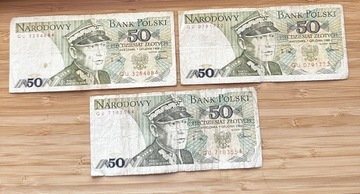 Komplet 3 banknotów 50zl 1988 seria GU