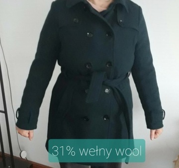 Porządny cięższy elegancki płaszcz 31% wełna L xl 