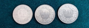 Frank Szwajcarski- 2 franki z 1988, 1991,1993 r.
