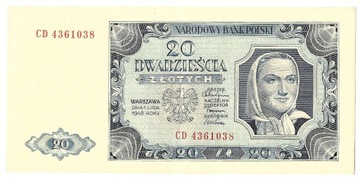 Banknot Polska PRL 20 złotych zł 1948 CD -I -UNC