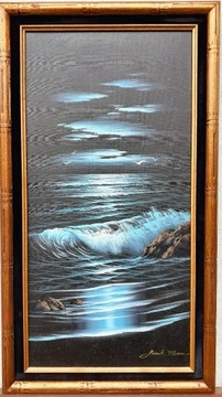 Obraz olejny, plaża nocą 30x61cm, 38x68cm rama