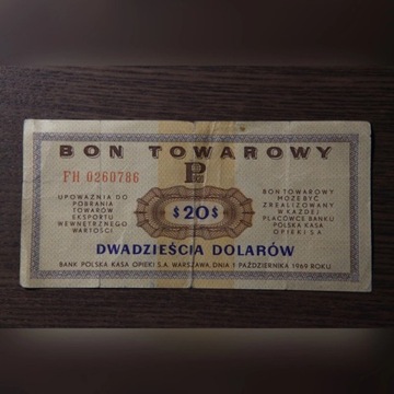 BON PKO O WARTOSCI 20$ DOLAROW z 1969 seria FH
