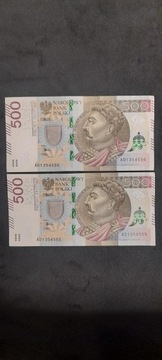 Banknoty 500 zl z serii AD kolejne numery 2 sztuki