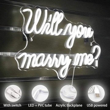 Neonowy napis „WILL YOU MARRY MY?”