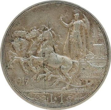 Włochy 1 lira 1917, Ag KM#57