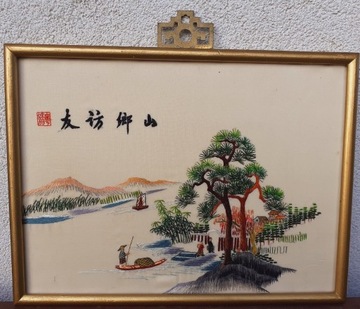 Sztuka japońska, Pejzaż, haft artystyczny 30x23cm.